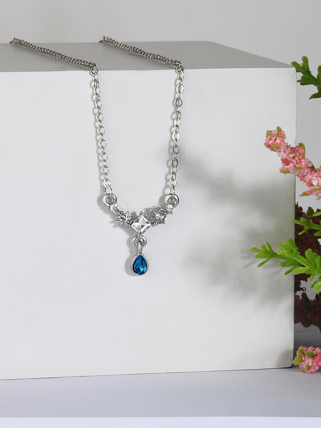 T400 Blue Waterdrop Crystal Pendant Necklace & Stud Earrings Jewelry S