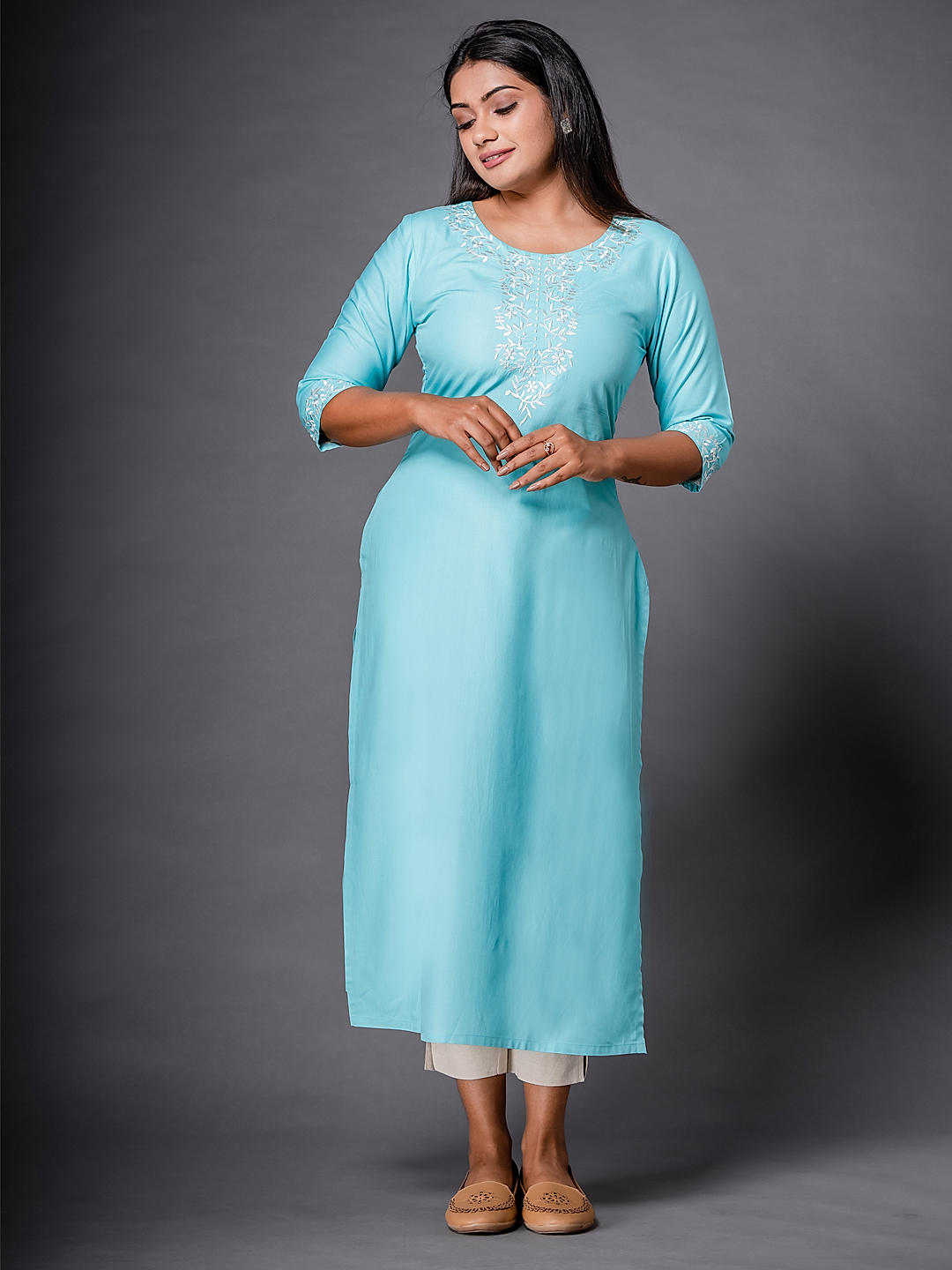 Twara light sky blue 3/4th sleeve & Chinese collar foil printed rayon  straight cut kurti