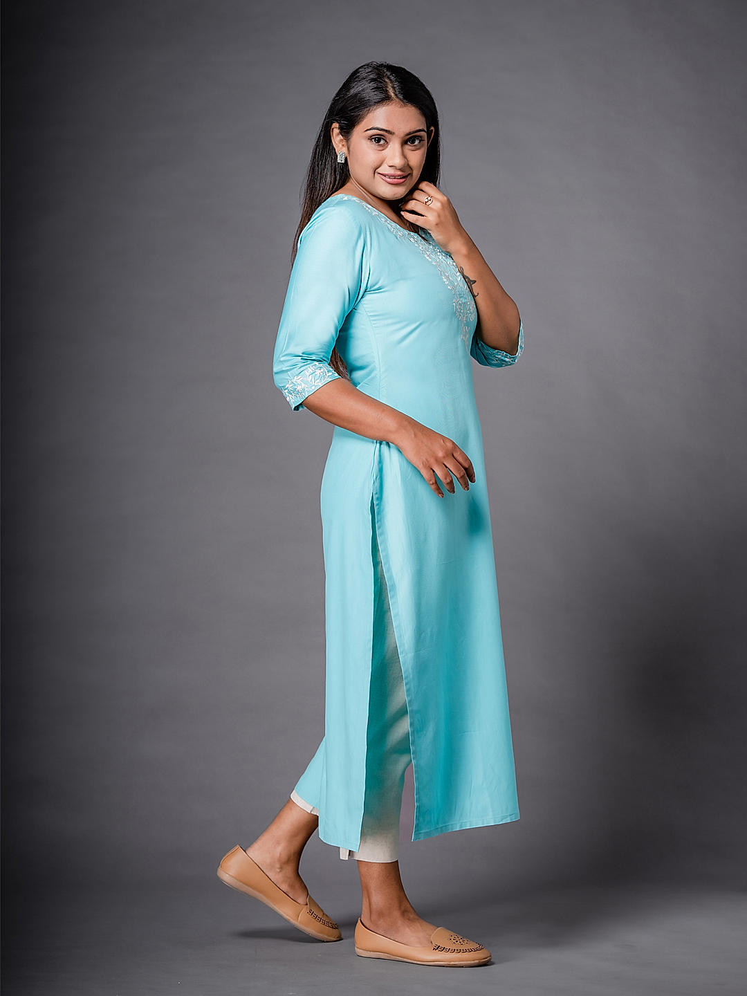 Lucknowi Chikan Embroidery Sky Blue Cotton Kurti With Pant for Women and  Girls - Etsy