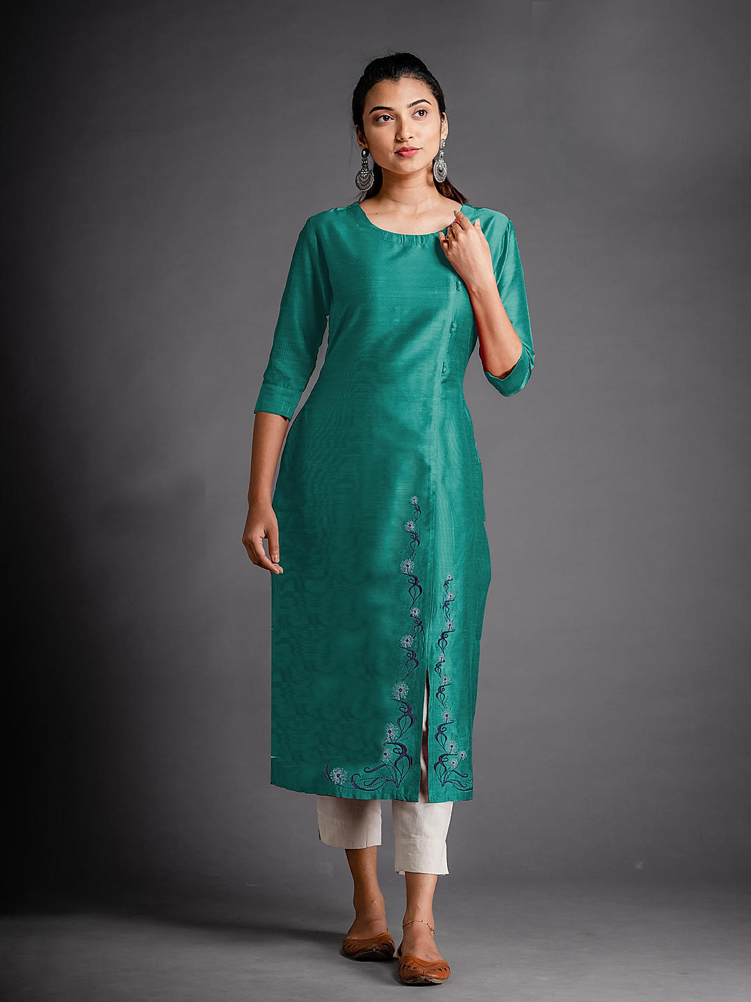 Green Modal Silk Neck Embroidered Kurti with Pant – Meena Bazaar