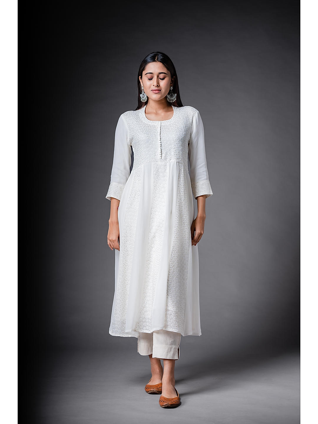 White Georgette Kurti with Computer Embroidery