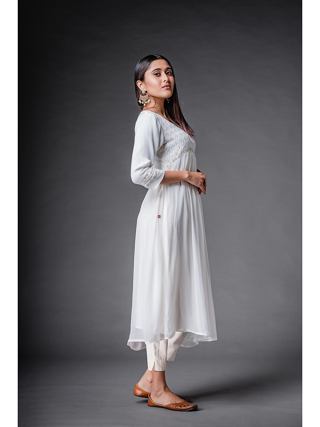 Staright Style Georgette Fabric White color Kurti with Thread, Beads &  Sequence work and Georgette fabric Bottom with Organza fabric Dupatta