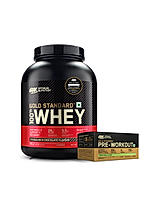 Gold Standard 100% Whey Protein Powder | Double Rich Chocolate | 5 lbs and Optimum Nutrition (ON) Gold Standard Pre-Workout- 142.5g/15 single serve packs (Green Apple Flavor), For Energy, Focus, Power, Endurance & Performance