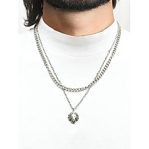 The Bro Code Silver Animal Lion Fusion Look Alloy Curb and Mesh Chain Layered Necklace For Men 