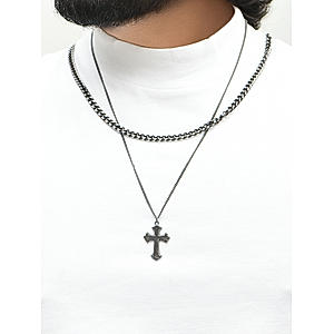 The Bro Code Gun Metal Holy Cross Fusion Look Alloy Cuban and Curb Layered Necklace For Men 