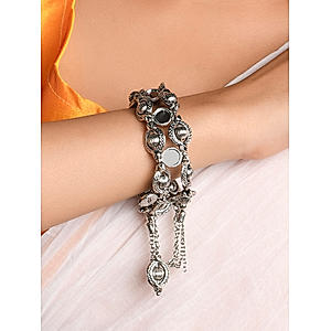 Fida Ethnic Oxidised Silver Tassel Drop Adjustable Tribal Bracelet For Women