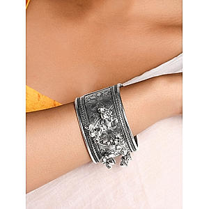 Fida Ethnic Oxidised Silver Flower Embossed Tribal Bracelet for Women