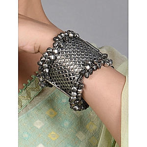 Fida Ethinic SIlver Plated oxidised Tribal Ghungroo Kada Bracelet For Women