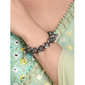 Fida Ethinic Silver Plated Oxidised Dome Shaped Pearl Studded Kada Bracelet For Women