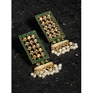 Green Kundan Gold Plated Rectangular Drop Earring