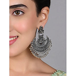 Fida Ethinic Silver Plated Oxidised Textured Chandbali Earrings For Women