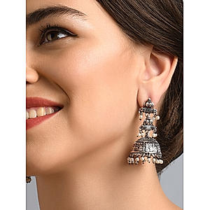 Fida Oxidised Silver Temple Inspired Jhumka Earrings For Women