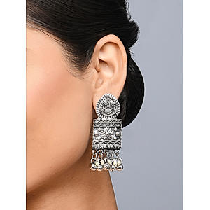 Fida Ethnic Silver Plated Oxidised Geometric Drop Earring For Women