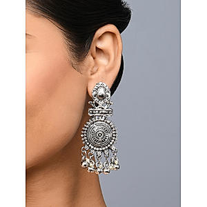 Fida Ethnic Silver Plated Oxidised Circular Drop Earring For Women