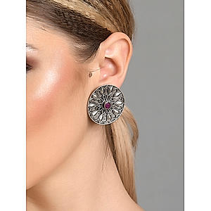 Purple Stones Silver Plated Oxidised Floral Stud Earring 