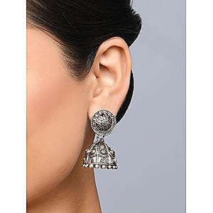 Fida Ethnic Silver Plated Floral Engraved Jhumka Earrings For Women