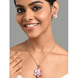 American Diamond Ruby Rose Gold Plated Floral Pendant Set