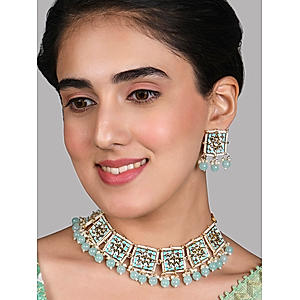 Fida Ethnic Gold Plated Baby Blue Stones and Kundan Studded Enamel Necklace Set For Women