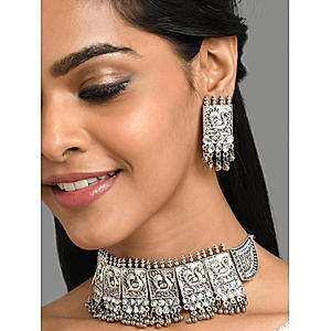 Kundan Ghungroo Silver Plated Oxidised Peacock Choker Set