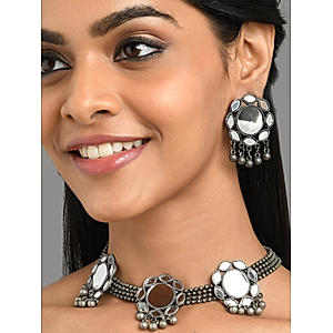 Mirror Ghungroo Silver Plated Oxidised Floral Jewellery Set