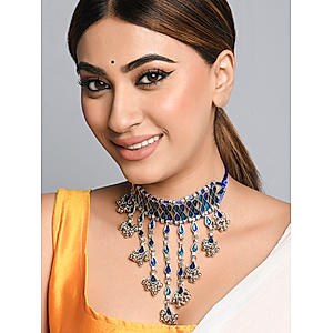 Fida Ethnic Silver Plated Navy Enamel Teardrop Choker Necklace For Women