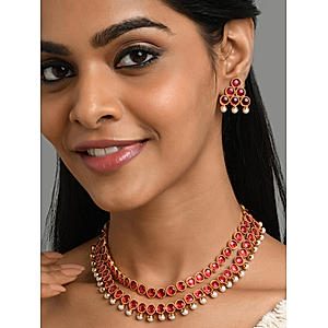 Ruby Beads Gold Plated Layered Jewellery Set