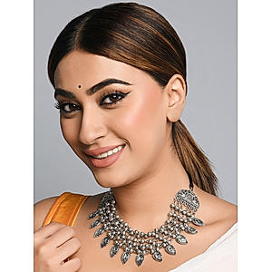 Fida Ethnic Traditional Oxidised Silver Multi Layer Silver Beaded Peacocock Embossed Charm Choker Necklace