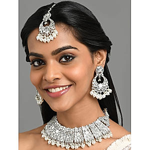 Mirror Kundan Pearls Silver Plated Jewellery Set with Maangtikka