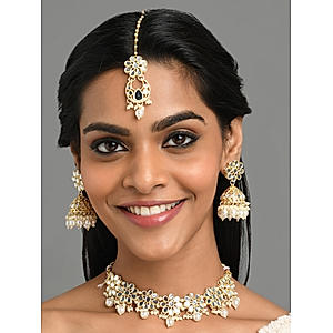 Kundan Pearls Gold Plated Floral Jewellery Set with Maangtikka