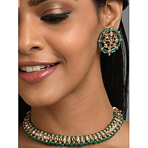 Green Beads Kundan Gold Plated Jewellery Set