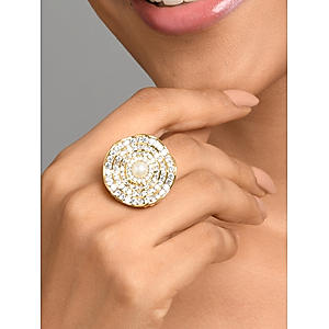 American Diamond Pearl Gold Plated Floral Cocktail Ring