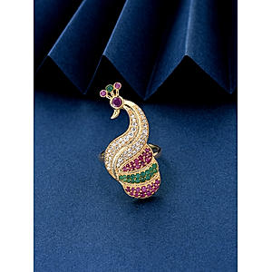 American Diamond Ruby Emerald Gold Plated Peacock Cocktail Ring