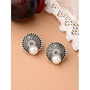 ToniQ Stylish Oxidised Silver Plated Pearl Detail Round Stud Earrings For Women