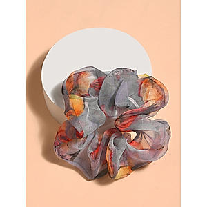 ToniQ Grey Organza Floral Printed Scrunchie for Women