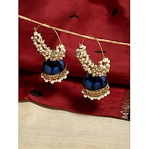 Off White Beads Navy Blue Enamelled Gold Plated Hoop Jhumka Earring