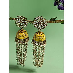 Kundan Beads Yellow Enamelled Gold Plated Waterfall Floral Jhumka Earring