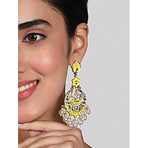 Fida Ethnic Gold Plated Yellow Enamel And Pearl Kundan Floral Drop Earings For Women