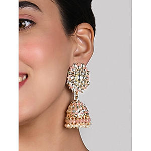 Fida Ethnic Gold Plated Pink Beads & Kundan Studded Enamel Jhumka Earrings For Women