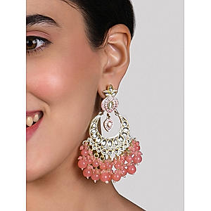 Fida Ethnic Gold Plated Enamel Pink beads & Kundan Studded Chandbali Earrings For Women