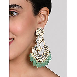 Fida Ethnic Gold Plated Pastal Green beads & Kkundan Studded Chandbali Earrings For Women