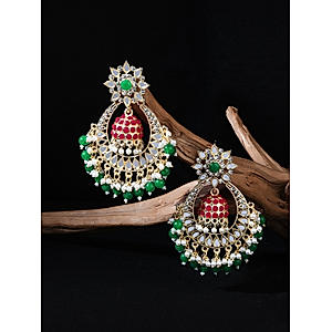 Fida Gold Plated Red & Green Stone Studded Chandbali Earrings For Women