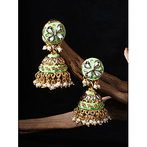 Fida Gold Plated Green Enamel and Kundan Jhumka Earrings For Women