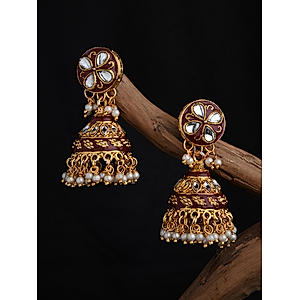 Fida Gold Plated Maroon Enamel and Kundan Jhumka Earrings For Women