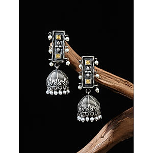 Fida Silver Plated Geometric  Pearl Jhumka Earrings For Women