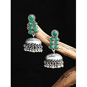 Fida Silver Plated Green stone Studded Glossy Jhumka Earrings For Women