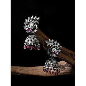 Fida Silver Plated Pink stone Studded Peacock Jhumka Earrings For Women