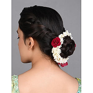 Fida Ethinic White & Red Rose Hair Bun Rubber Band For Women