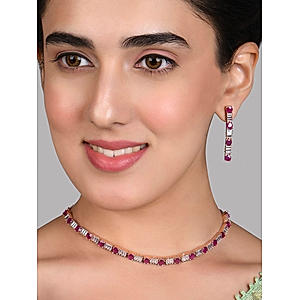 Fida Luxurious RoseGold Plated American Diamonds & Pink Stone Studded Choker Neckalce Set For Women