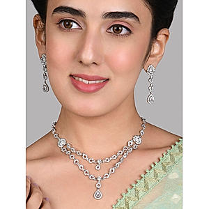 Fida Luxurious Silver Plated American Diamonds Studded Floral Layer Necklace Set For Women