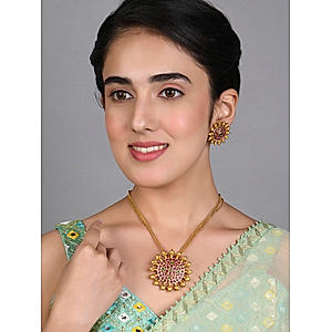 Fida Ethinic Gold Plated Red and Green Kemp Stone Studded Temple jewellery Set For Women